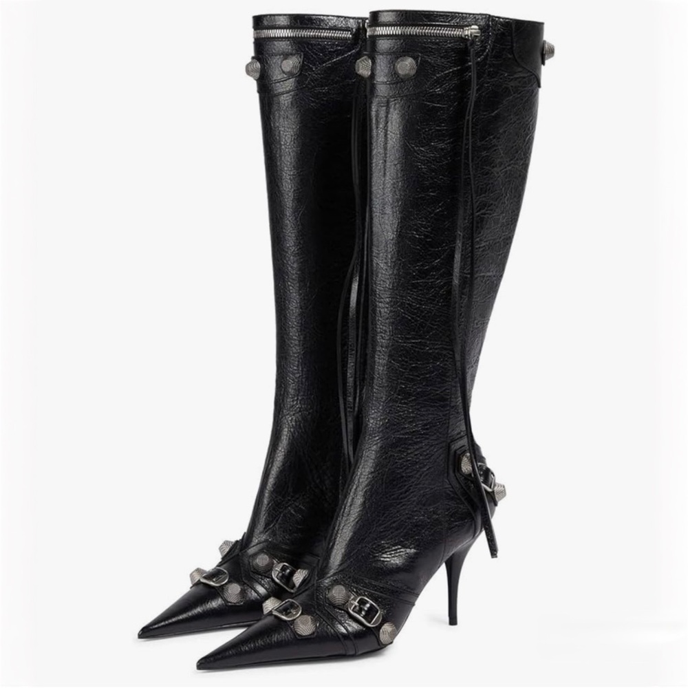 Rocker Chic Knee High Studded Stiletto Boots with Tassels